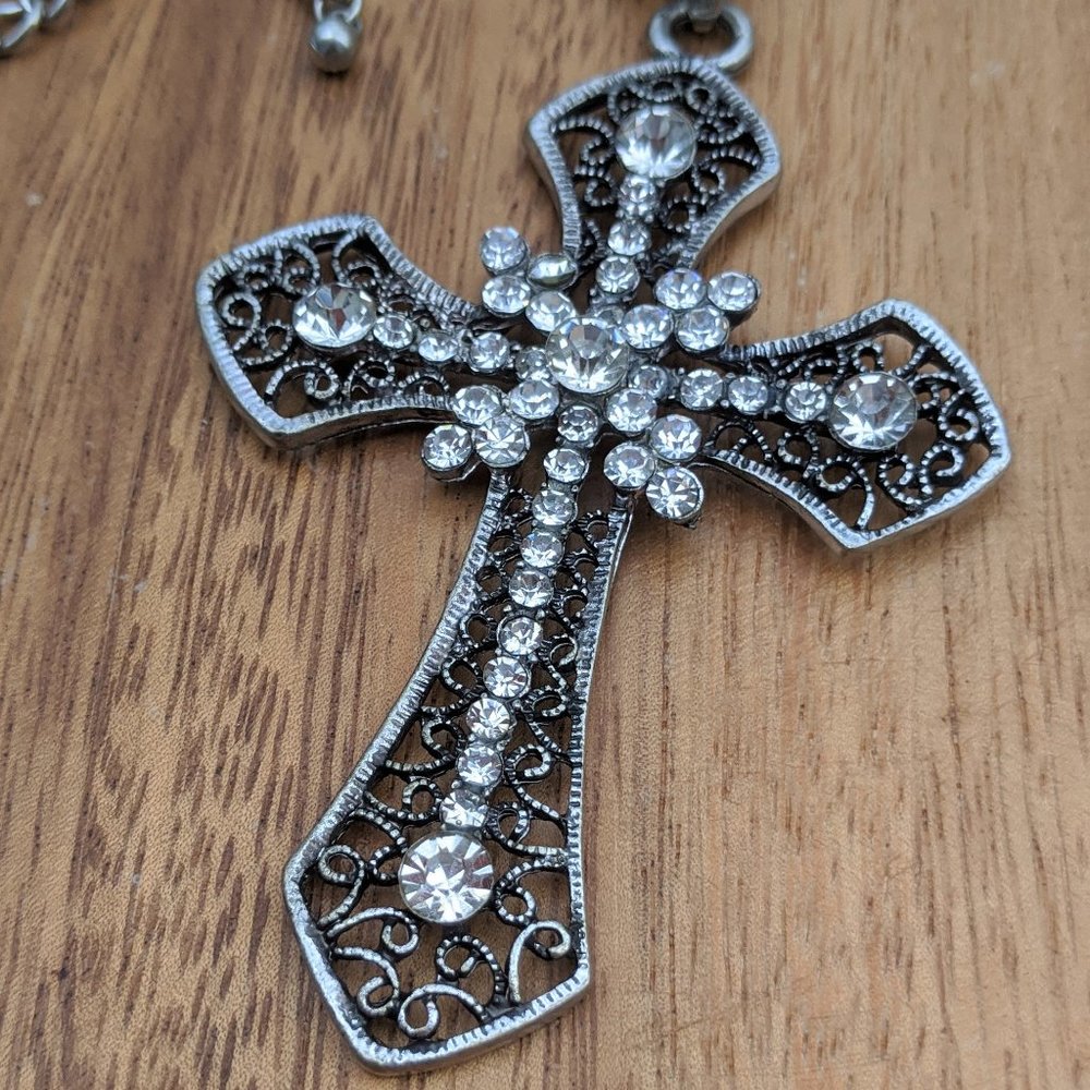 Rhinestone Cross Silver Toned Long Length Necklace